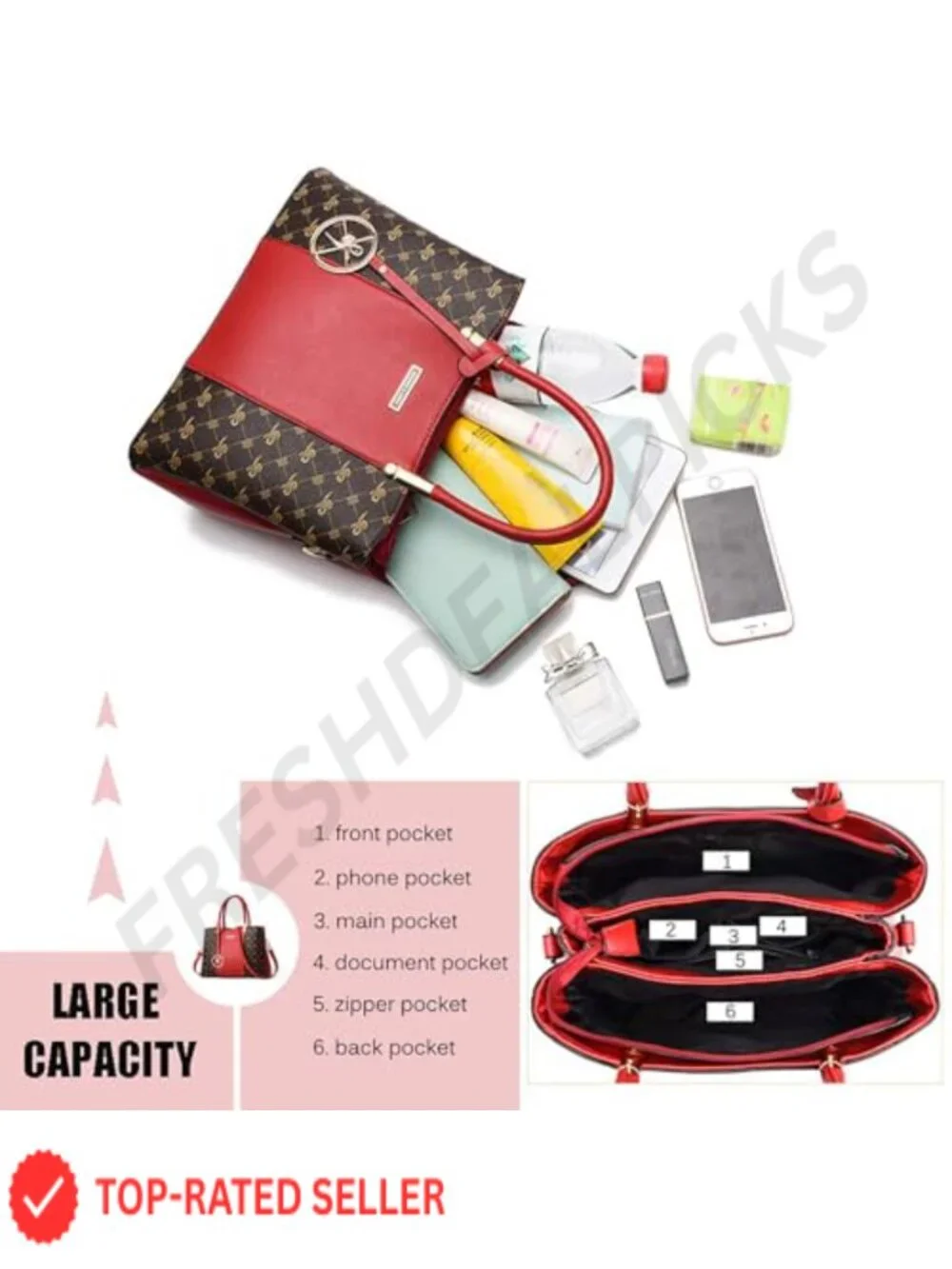 PU Leather Satchel Tote Bag with 7 Pockets Removable Strap